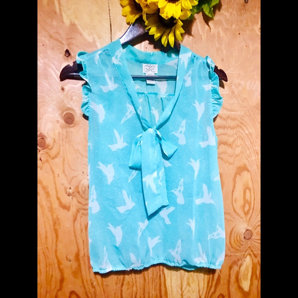 Mint Humming Bird Ruffle + Ribbon Tie Tank M